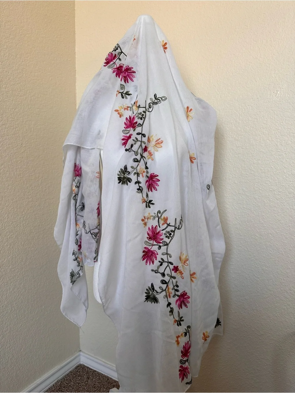 White Floral Embroidered Scarf - Pink & Green Flowers